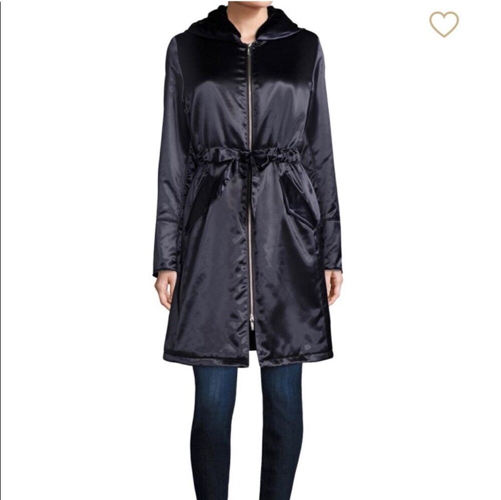 Jane Post $795 Faux Fur Lined Hooded Parka coat Navy Womens Large NEW